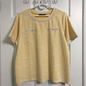 ESSENXA Yellow White Top Blouse With Pearl-Like Embellishments XL